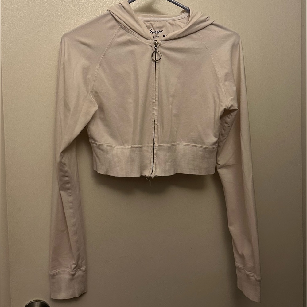 White Cropped Zip-Up Hoodie